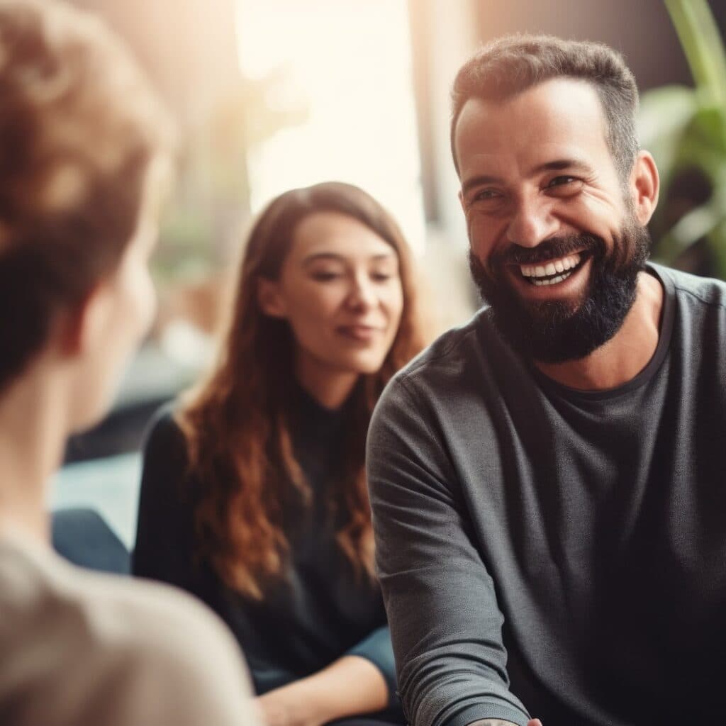 Professional therapists conduct an open group session and a comforting smile, emphasizing the importance of mental health and counseling. Generative ai